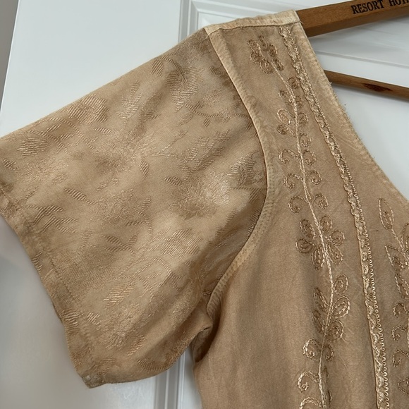 Boho Corset Crochet Golden Tan Embroidered V-Neck Dress w Sheer Insets - Picture 5 of 14